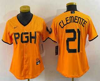 Womens Pittsburgh Pirates #21 Roberto Clemente Yellow 2023 City Connect Stitched Jersey